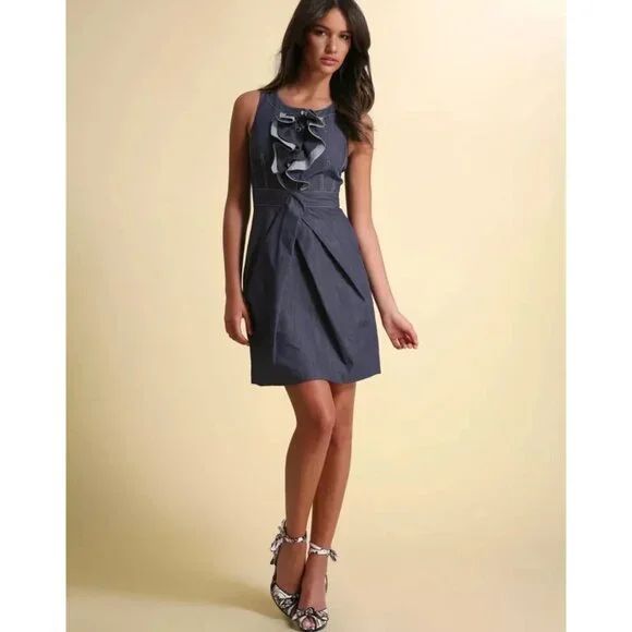 Karen Millen Womens Blue Denim Chambray Sleeveless Dress Ruffle Front size 4 - Picture 2 of 14